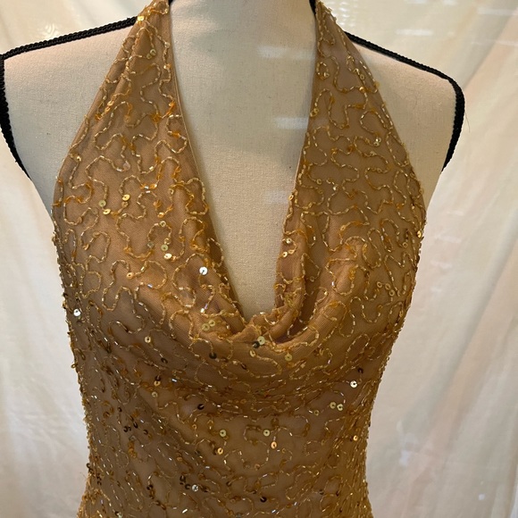 Vintage Y2K gold sequin✨ beaded cowl halter neck open back gown 🪐 - Picture 2 of 8